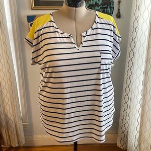 Papermoon,  black-white striped pocket tee yellow blocked shoulders.